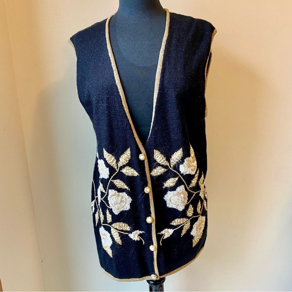 JACLYN SMITH Sweater Vest Gold Metallic V-Neck Button Front Cardigan Vintage